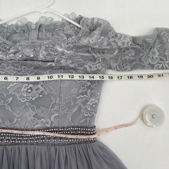 Little Mistress Lace Top Gray Silver Long Sleeve Knee Length Dress US 2 - Picture 8 of 10